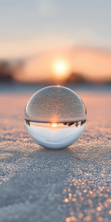 Golden Horizon Reflects Within Crystal Sphere Beauty Winter Landscape Captures Sunset In Glass Orbの素材