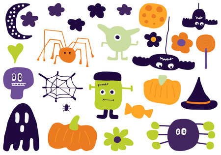 Whimsical Halloween doodles evoke playful spookiness, perfect for childrenâs crafts, party invites, or festive backgrounds, brimming with gentle monster charm.の写真素材