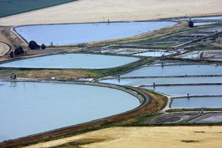 Aerial landscape with rural fields and fish poolsの写真素材