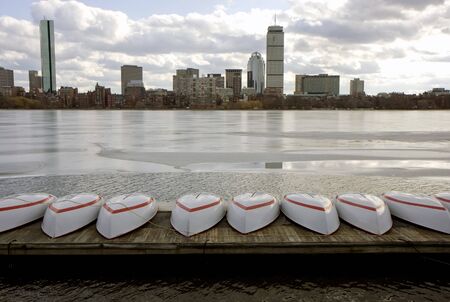 Boston's panoramic view as it is seen from Cambridge side of the river in winterの写真素材