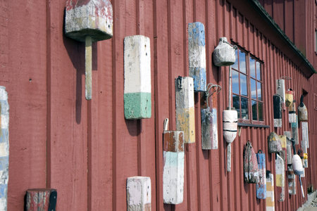 Fishing net and floats in a village of Rockport, Massachusettsの写真素材