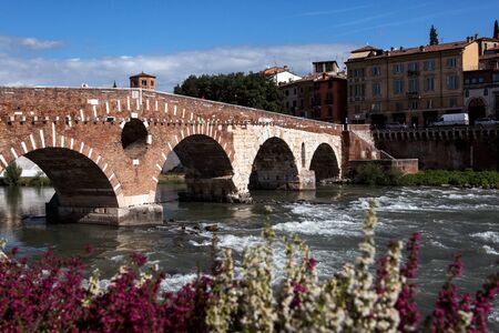 View to Saint Peter bridge and Adige river in Verona, Italyのeditorial素材