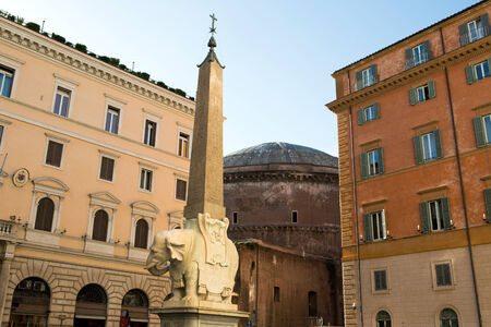 Obelisk with an elephant on the back of Pantheon in Rome, Italyの写真素材