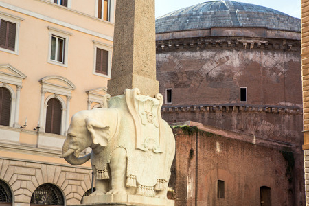 Obelisk with an elephant on the back of Pantheon in Rome, Italyの写真素材