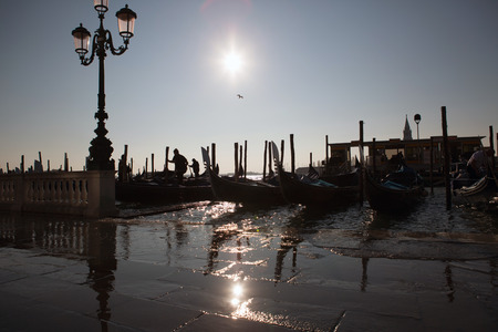 Parked gondola boats in Venice, Italyの写真素材
