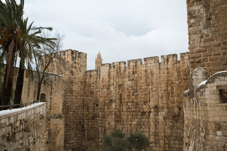 Old city wall in Jerusalem,  at snowの写真素材
