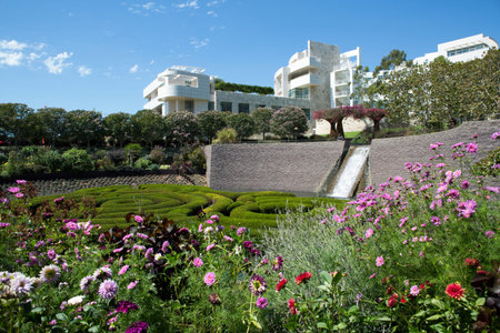 Park with flowers in the Getty museum in Los Angelesのeditorial素材
