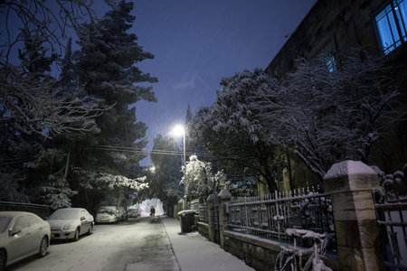Jerusalem neighborhood during a snow stormの写真素材