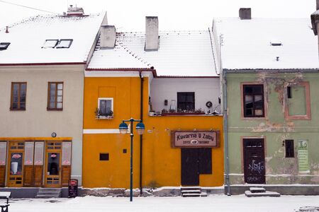 Small houses under snow in old city of Ceske Budejoviceのeditorial素材