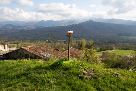 Mountains and sign with a trail  in French Pyreneesの写真素材