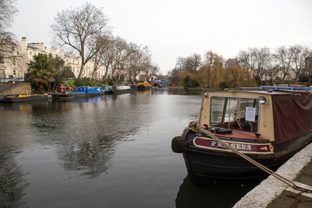 Little Venice canal with boats in Londonのeditorial素材