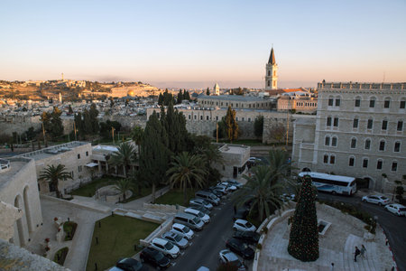 Old city aerial view on sunset from Notre Dame of Jerusalem Center