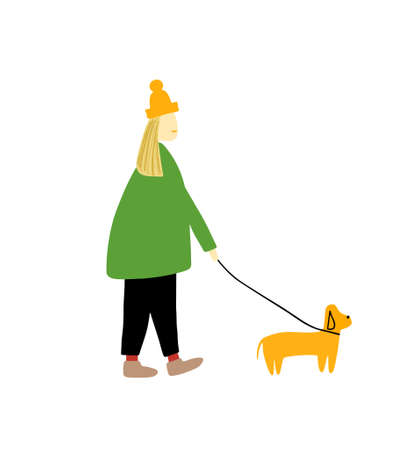 A girl walks with a dog. Dog on a leash. Vector illustration isolated on a white background. Flatのイラスト素材