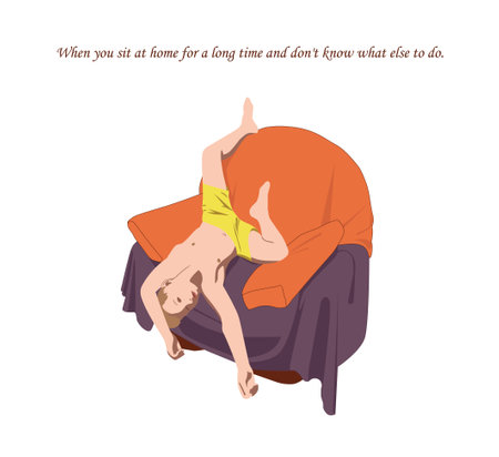 The boy is lying on the chair upside down. He is idle and does not know what to do with himself. He was tired of sitting at home for so long and isolating himself. Comic vector illustration.のイラスト素材