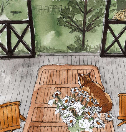 A red-haired fat cat sits on a wooden table on the veranda in the garden in summer. Watercolor painting, sketch.の写真素材