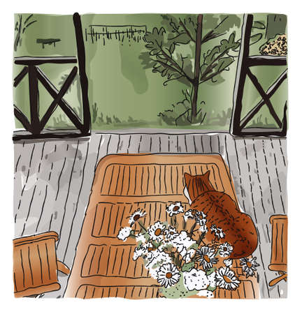 A red-haired fat cat sits on a wooden table on the veranda in the garden in summer. Watercolor painting, sketch. vector illustration.のイラスト素材