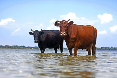 two cows standing at the seashore, and drink water