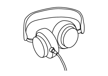 Headphones with music and technology symbols Vector illustration isolated on white background. Vector monochrome, drawing by linesの写真素材