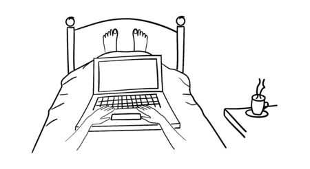 Man lying in bed with his laptopのイラスト素材