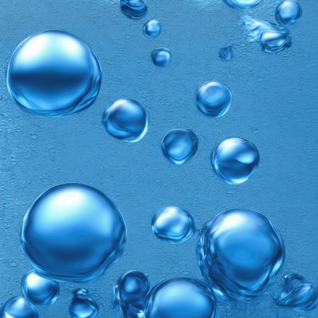 Studio shot of clear cosmetic blue oxygen bubbles under clear water in full frame macro close up with selective focus blur.の素材