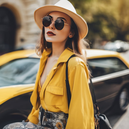 Stylish Woman in Yellow Jacket and White Hat Posing on a Busy City Streetの素材