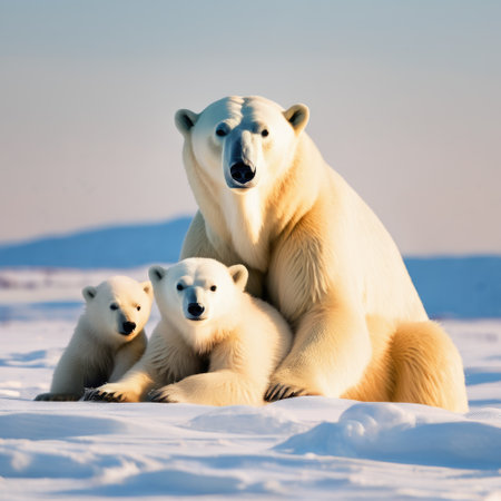 A family of polar bears resting on the arctic ice on a winter morningの素材