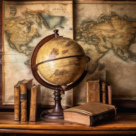 Vintage Globe and Aged Books in an Old World Map Background Studyの素材
