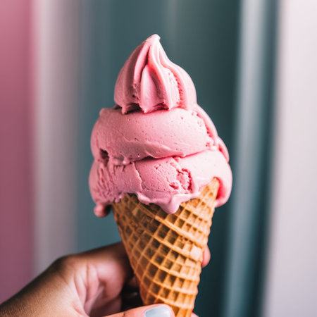 Hand Holding a Strawberry Ice Cream Cone Against a Pastel Backgroundの素材