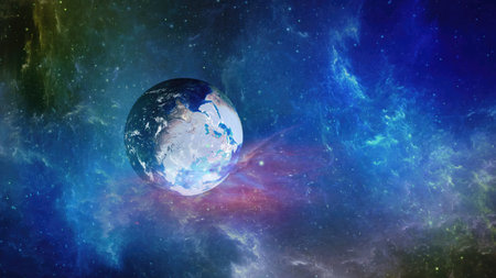 A stunning view of Earth in space amidst vibrant cosmic colors and swirling galaxies, capturing the beauty of our planet in the universeの写真素材