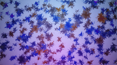 Abstract fractal artwork featuring intricate patterns in blue and orange hues on a soft gradient backgroundの写真素材