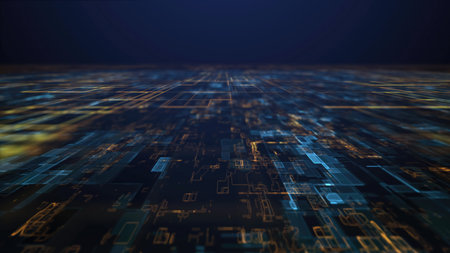 Abstract digital landscape with glowing lines and patterns at night, showcasing modern technology...