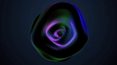 A vibrant, swirling abstract rose shape with glowing colors against a dark background creating a...