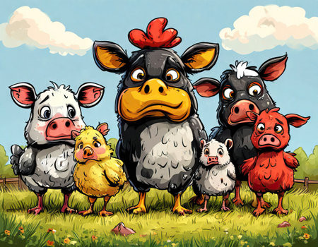 Funny farm animals standing together in a fieldの素材
