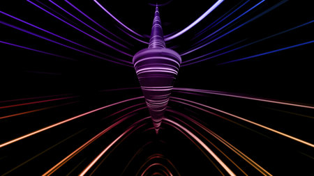 Spinning top creating colorful light trails, suggesting movement, speed, and energy against a dark...