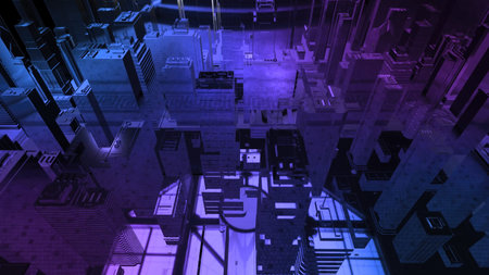 Futuristic metropolis skyline reflecting purple and blue neon lights