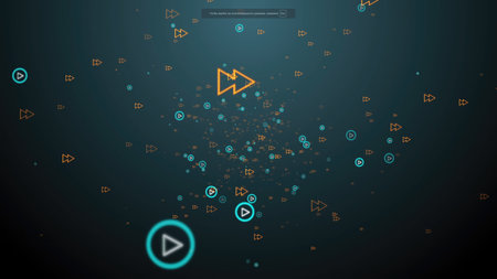 Play and fast forward symbols floating in digital spaceの写真素材