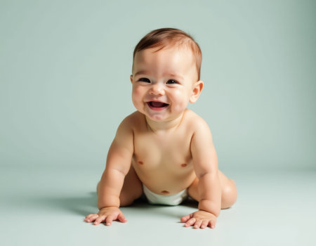 Happy baby crawling and laughing, wearing a diaper, on a light blue background