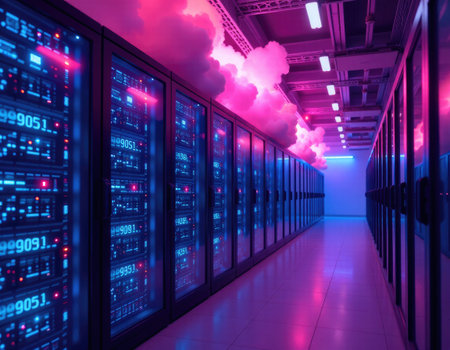 Server racks with glowing lights and pink clouds symbolizing cloud computing and data storage