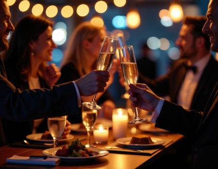 Business people raising champagne glasses making a toast during Christmas dinner party at a luxury...