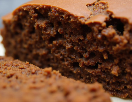 Freshly baked chocolate cake shows off its moist and crumbly texture, tempting dessert lovers