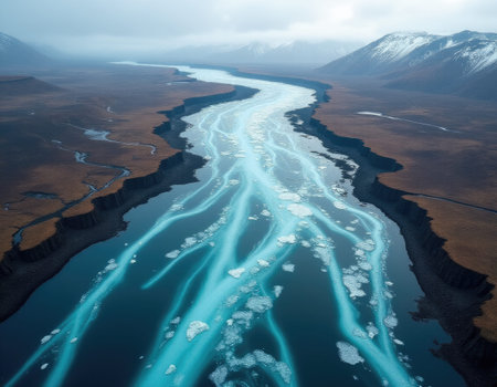 Aerial view of turquoise glacial river with melting ice flowing through a canyon in a volcanic...