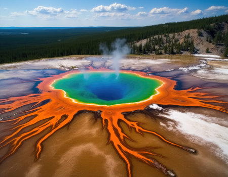 Aerial view of Grand Prismatic Spring, hot spring in Yellowstone National Park, Wyoming, showing its...