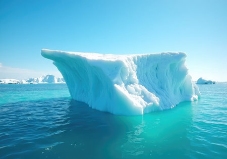Iceberg floating in turquoise water under blue sky in Greenland, showing global warming effect