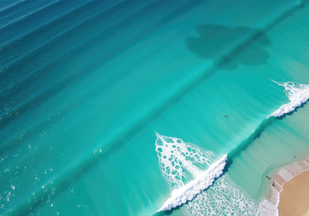 Breathtaking aerial view of turquoise ocean waves gently crashing on a pristine sandy beach,...