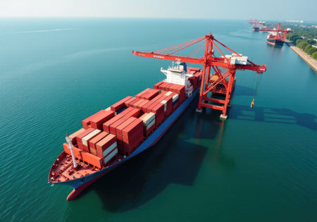 Container ship loading cargo in a port with cranes on a sunny day