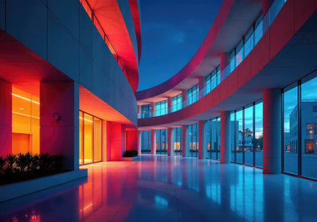 Modern architecture with colorful lights illuminating building at twilightの写真素材