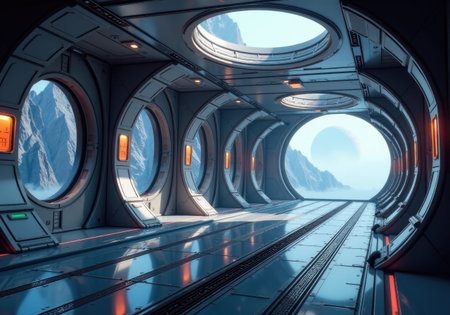 Futuristic spaceship corridor showing snowy mountains and planet through windows