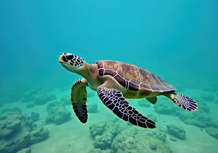 Sea turtle swimming in crystal clear turquoise water over rocks