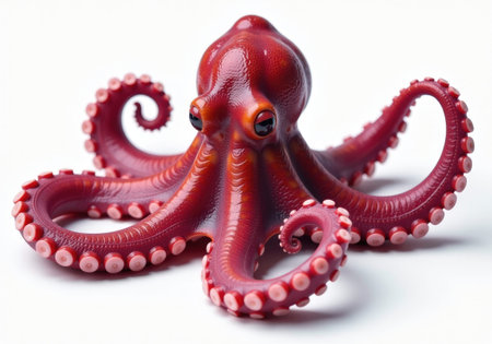 Red octopus with tentacles spread out, isolated on a clean white background, creating a striking...