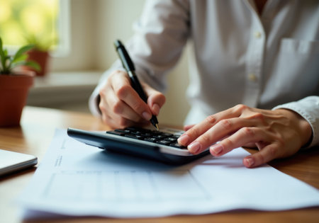 Close up of female hands making calculations and taking notes with pen on financial report